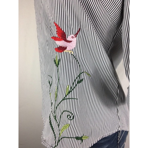 Womens Kontrol Striped Flower Embroidered Shirt Blouse Tunic Top Size Medium - Picture 6 of 9